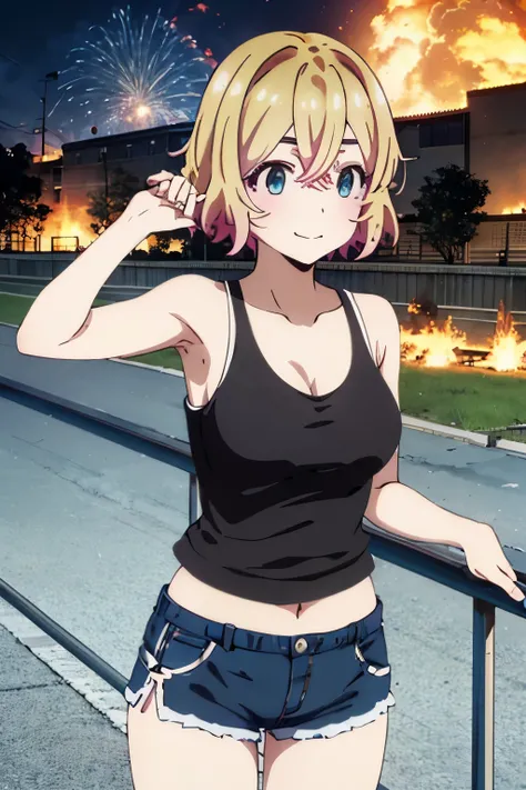 mami nanami, short hair, aqua eyes, blonde hair, hair between eyes,1 female、At night、whole body、smile、Black tank top、sexy black shorts、female thief、fence、Big Explosion、Military base exploding in flames