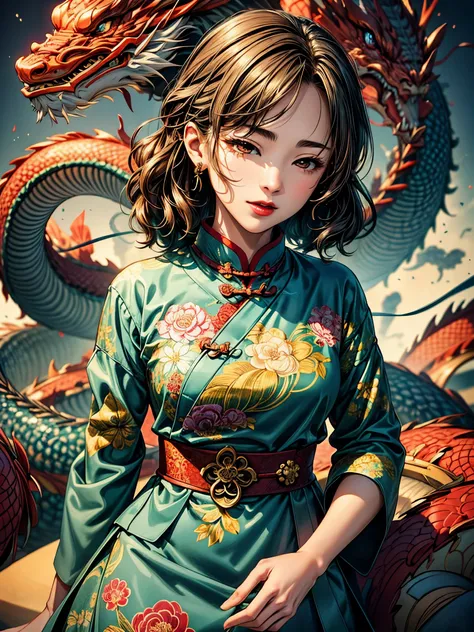 {{{{{illustration}}}}},author：Yuko Shimizu,1 Girl,Chinese dragon,Chinese Girl,female focus on, {{Colored ink drawing}},{{Ink splash}},{{Splash of Color}},{{{rich and colorful}}},{{sketch}}, masterpiece,best quality, Beautiful painting,Very detailed,