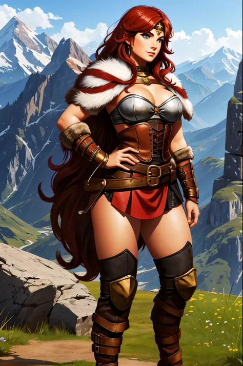 Female barbarian, red hair, breast plate, leather skirt pelt, great sword