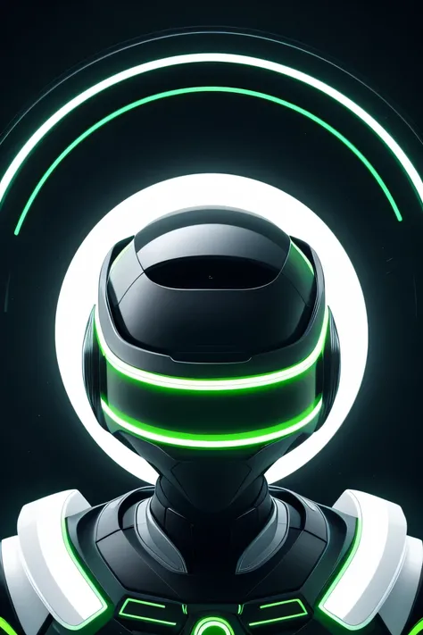 Not-human white robotic-style figure with a faceless person wearing white Virtual reality glasses is positioned to the left side of the image. With the face turned to the left. The background is black, emphasizing the contrast between the white figure and ...