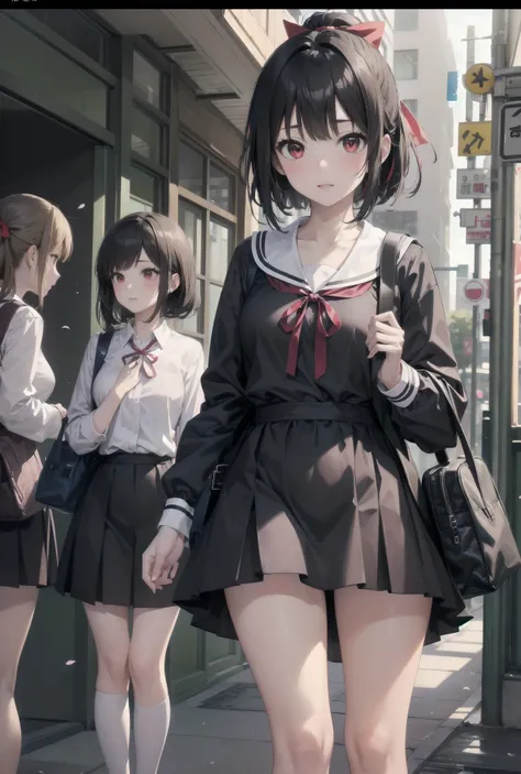 Masterpiece, top quality, super detailed, 16k, One girl, spring, high school, warm colors, school bag, accurate and highly detailed background, flock of schoolgirls in uniforms of various body shapes and hairstyles, cute. Blake. kaguya shinomiya, red eyes,...