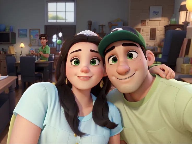 casal romantico, igual aos filmes Disney Pixar, casal com pele clara. Homem com olhos verdes, woman with larger light brown eyes and is blowing a kiss and the man is wearing a black cap, create 3D Disney pixar animation