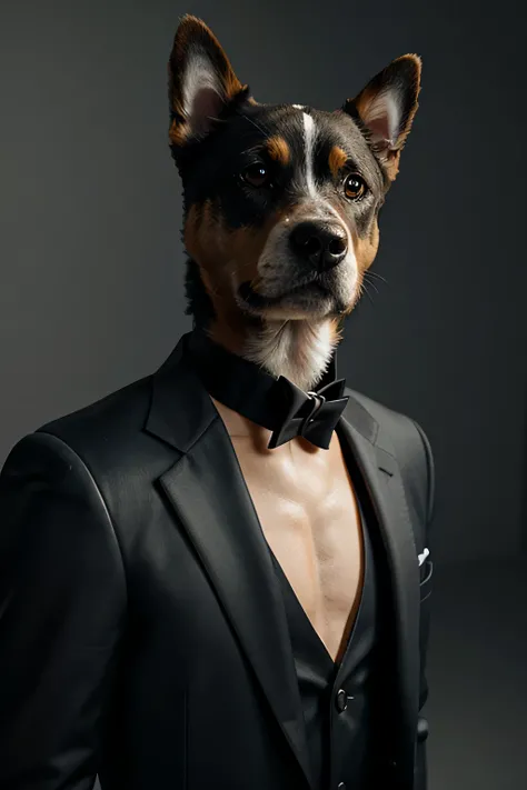 3d Dog face looking seductive wearing a suit with a studio background