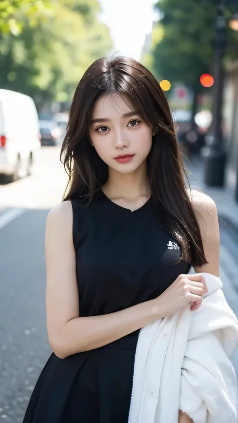 ((best quality, 8k, masterpiece :1.3)), whole body, Sharp focus: 1.2, A girl，20 years old，Perfect face shape，Beautiful face shape，Perfect body beauty: 1.4, Slim abdominal muscles: 1.2, ((Dark brown hair, : 1.2)), vest dress: 1.1, (street: 1.3), Highly deta...