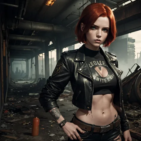 Lucy MacLean, Fallout: Picture a captivating image of Lucy MacLean, a woman with fiery red hair that frames her timeworn, asymmetrical face. Her youthful eyes, vibrant and full of curiosity, are encircled by thick, dark lashes. With a trendy, edgy style, s...