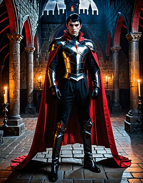 masterpiece, best quality, male focus, armored bodysuit, black bodysuit with red accents, gloves, boots, solo, solo focus, vampire, standing straight, menacing stance, cape, short hair, black hair, glowing red eyes, medieval castle interior, night, danger ...