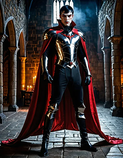 masterpiece, best quality, male focus, armored bodysuit, black bodysuit with red accents, gloves, boots, solo, solo focus, vampire, standing straight, menacing stance, cape, short hair, black hair, glowing red eyes, medieval castle interior, night, danger ...