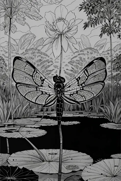 a production ready flat coloring black and white drawing of a beautiful cartoon like dragon fly hovering over a lillypad in a pond, with the background a beautiful floral forrest, line art illustration, flat coloring