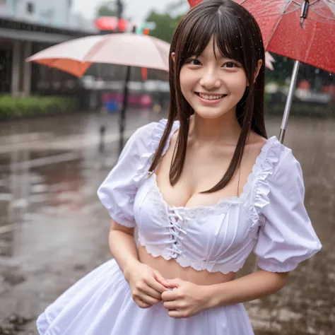 Cute face like a 15-year-old idol　Smiling Kindly　Japanese maid cafe outfit　Maid clothes　Cosplay　Cleavage　Medium bust　In the heavy rain　My whole body is soaked by the rain　RAW Photos　Genuine　Genuine　High resolution　RAW Photos　city