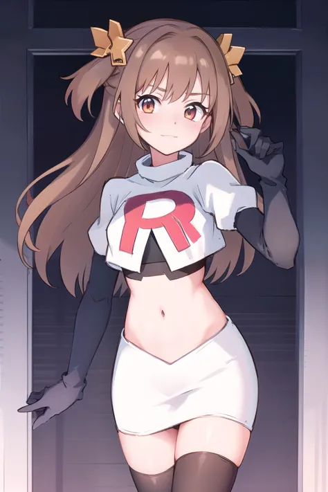 nozomi_routine,1girl, solo, long hair, two side up, holding, hair ornament, looking at viewer,yellow bow, hair ornament, team rocket,team rocket uniform,white skirt,red letter R,crop top,black thigh-highs,black elbow gloves