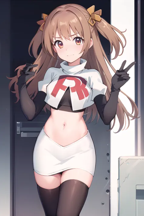 nozomi_routine,1girl, solo, long hair, two side up, holding, hair ornament, looking at viewer,yellow bow, hair ornament, team rocket,team rocket uniform,white skirt,red letter R,crop top,black thigh-highs,black elbow gloves