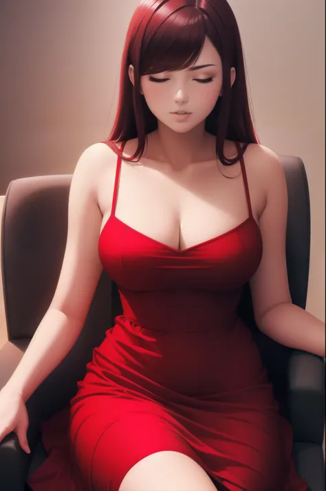 Young sexy woman wearing a red dress sitting on a chair, dim lighting, sexy, hot, lustful