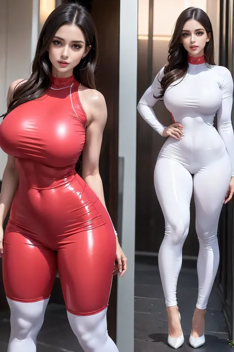 High Detail, Wear (Tight shirt:1.2), Beautiful and delicate face, Hazel eyes, (Attractive fitness woman:1.3), (Tempting:1.1), (blush:1.1), hourglass body shape, Full set of shiny aerobic white latex jumpsuit, big round breasts，Full body proportion photo