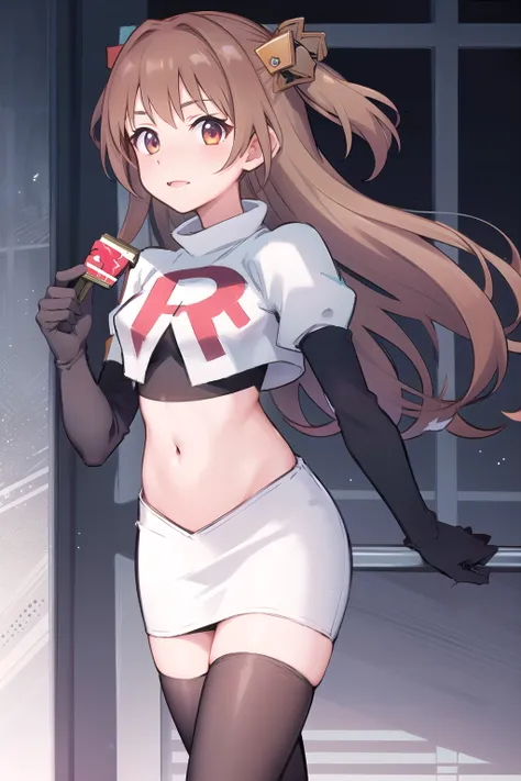 nozomi_routine,1girl, solo, long hair, two side up, holding, hair ornament, looking at viewer,yellow bow, hair ornament, team rocket,team rocket uniform,white skirt,red letter R,crop top,black thigh-highs,black elbow gloves