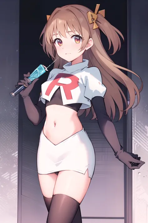 nozomi_routine,1girl, solo, long hair, two side up, holding, hair ornament, looking at viewer,yellow bow, hair ornament, team rocket,team rocket uniform,white skirt,red letter R,crop top,black thigh-highs,black elbow gloves