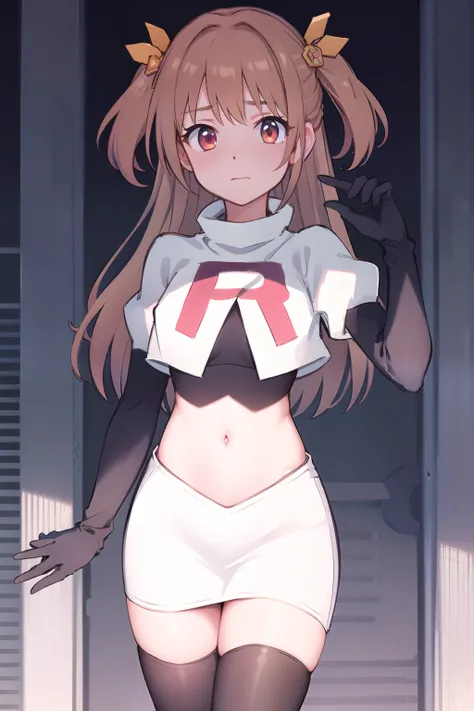 nozomi_routine,1girl, solo, long hair, two side up, holding, hair ornament, looking at viewer,yellow bow, hair ornament, team rocket,team rocket uniform,white skirt,red letter R,crop top,black thigh-highs,black elbow gloves