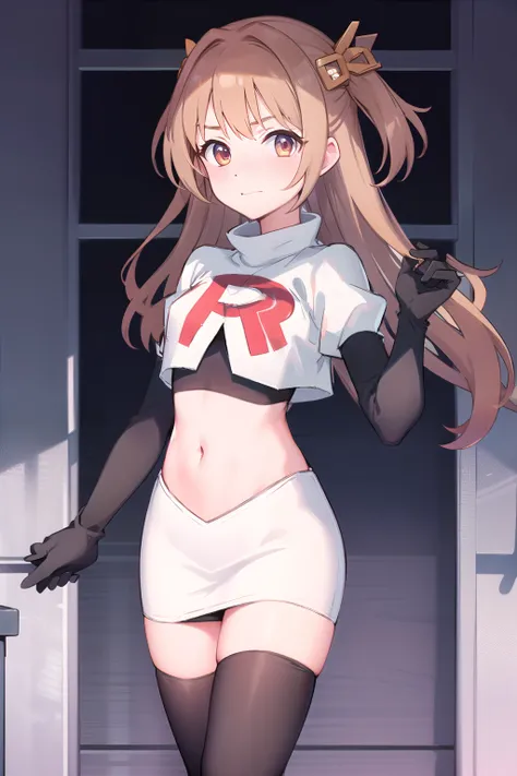 nozomi_routine,1girl, solo, long hair, two side up, holding, hair ornament, looking at viewer,yellow bow, hair ornament, team rocket,team rocket uniform,white skirt,red letter R,crop top,black thigh-highs,black elbow gloves