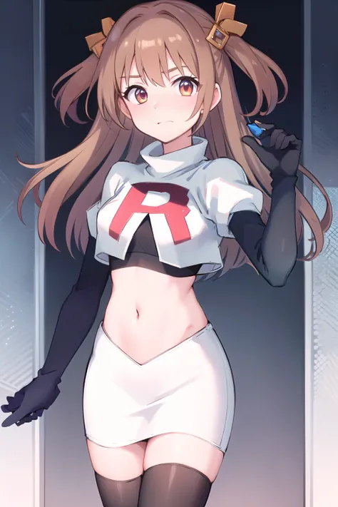 nozomi_routine,1girl, solo, long hair, two side up, holding, hair ornament, looking at viewer,yellow bow, hair ornament, team rocket,team rocket uniform,white skirt,red letter R,crop top,black thigh-highs,black elbow gloves