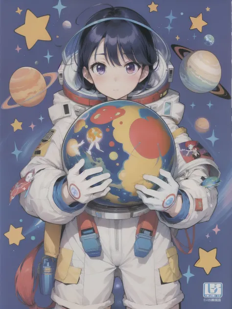 穿着太空服的动漫女孩拿着一个有planet和星星的地球仪, planet, 抱着一颗planet, Otomo Katsuhiro, artist Otomo Katsuhiro, 披着星星和planet, Tatami Galaxy, With Earth, author：Rumiko Takahashi, Otomo Katsuhiro, author：Naoko Takeuchi, In outer space, Perfect for space