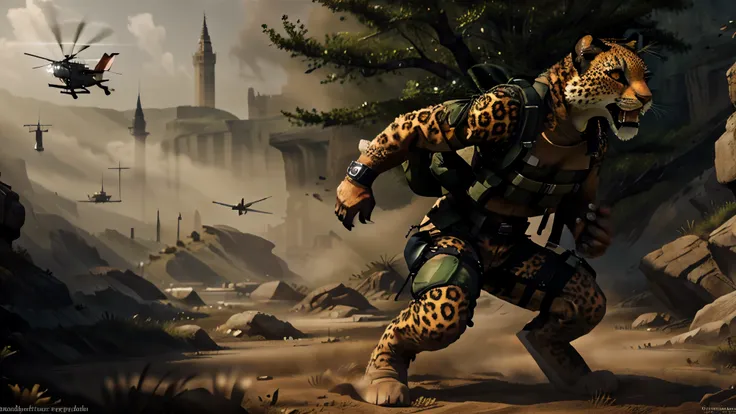 a snarling anthro leopard animarine parachuting to a battlefield below, masterpiece, best, photo realistic