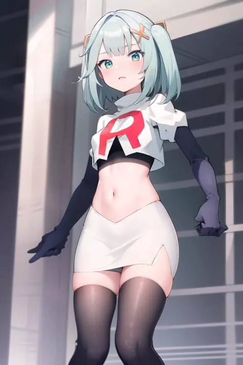 faruzandef, blush, short hair, team rocket,team rocket uniform,white skirt,red letter R,crop top,black thigh-highs,black elbow gloves