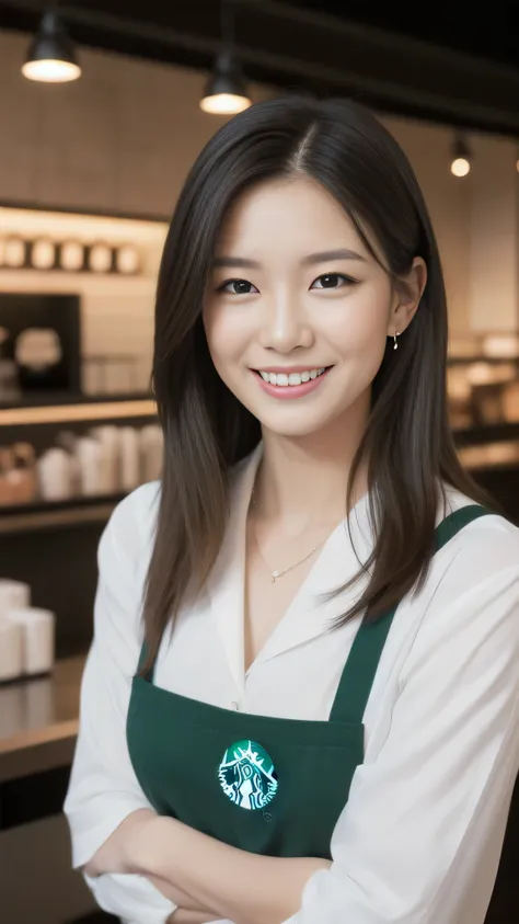 Hostess&#39;s face、Married women、Married Woman、Beauty、Starbucks Uniforms、high quality、Super Ultra Realistic、healthy、smile、Perfect figure、Japanese Beauty、 necklace、Earrings、Perfect eyes, beautiful skin、Upper Body、looking at the camera、Starbucks store