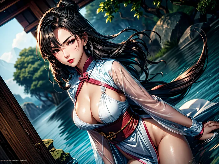 Xianxia style,1 Girl,Above chest,A picture full of tension,Solitary,Sexy female portrait, black eyes,Epic water bend shooting, Beautiful glamour shot ahead, Similar to the style of fairy tales, Dog House,aquatic effects, Visual translucent color, 32K Ultra...