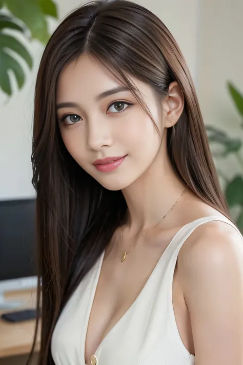 light brown, Shaggy, Medium Long Hair、Beautiful woman with white skin、gray-green eyes、Beautiful symmetrical face、Look closely at the camera、Listen carefully、Cute Smile、Long hair with movement、Hair between the eyes、 Beautiful 20 year old woman、Beautiful sup...