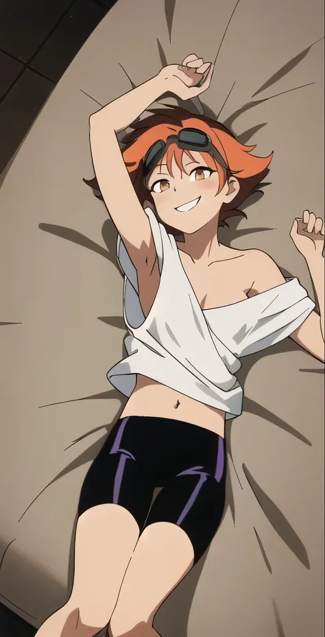 Edward, midriff, orange hair, (white loose shirt), off one shoulder, bike shorts, brown eyes, goggles on head, smile, lying in bed, full body, satisfied expression, (insanely detailed, beautiful detailed face, masterpiece, best quality , small breasts, cle...