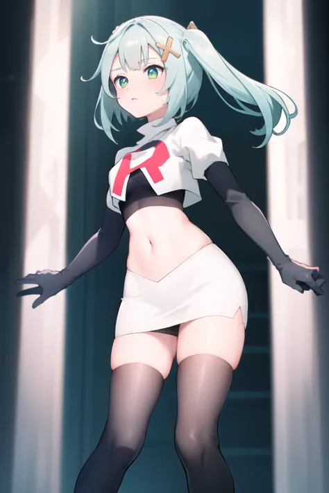 faruzandef, blush, short hair,twin ponytails, team rocket,team rocket uniform,white skirt,red letter R,crop top,black thigh-highs,black elbow gloves