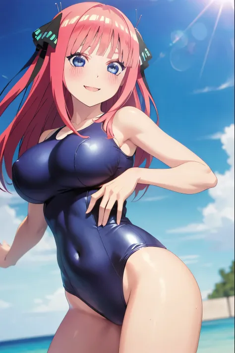 best quality, ultra-detailed masterpiece, anime art style, cute characters, nino nakano, one-piece swimsuit, large breasts, blush, smile