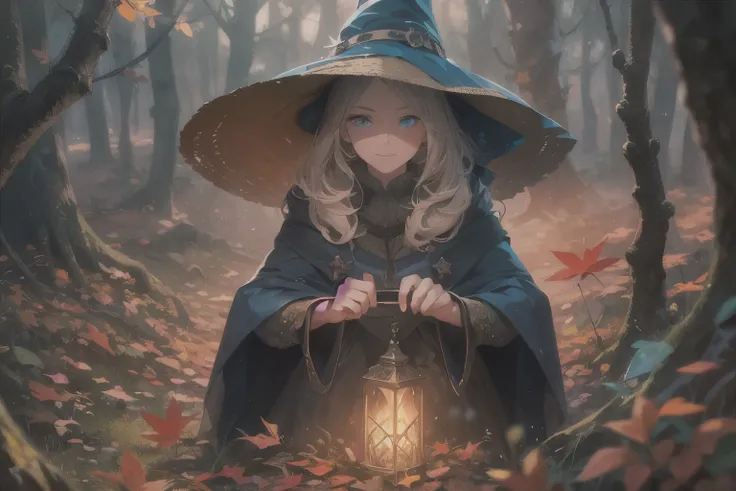 A girl with a witch hat standing in a magical forest, surrounded by colorful autumn leaves and glowing mushrooms. She has piercing blue eyes and a mischievous smile. The girl is wearing a dark cloak with silver stars embroidered on it, and she holds a wood...