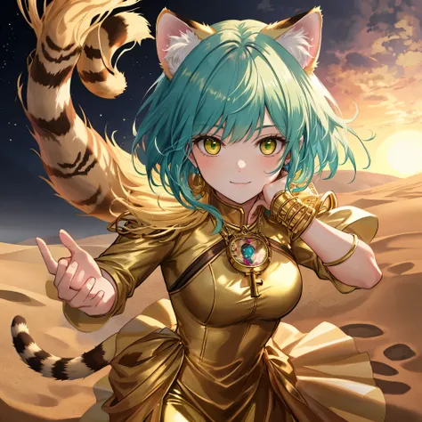 Theme: **Desert Angel**, a 10-year-old cat-girl, so cute and known as the "Angel of the Desert". She has cat ears and a tail that match her sand-cat characteristics. She is the strongest and ultimate cute beast-girl. Her main color is gold.
Physique: , sle...