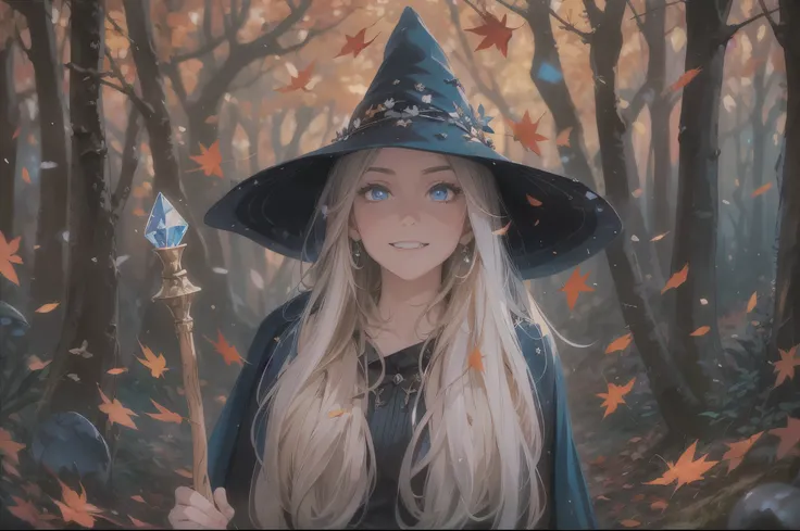 A girl with a witch hat standing in a magical forest, surrounded by colorful autumn leaves and glowing mushrooms. She has piercing blue eyes and a mischievous smile. The girl is wearing a dark cloak with silver stars embroidered on it, and she holds a wood...