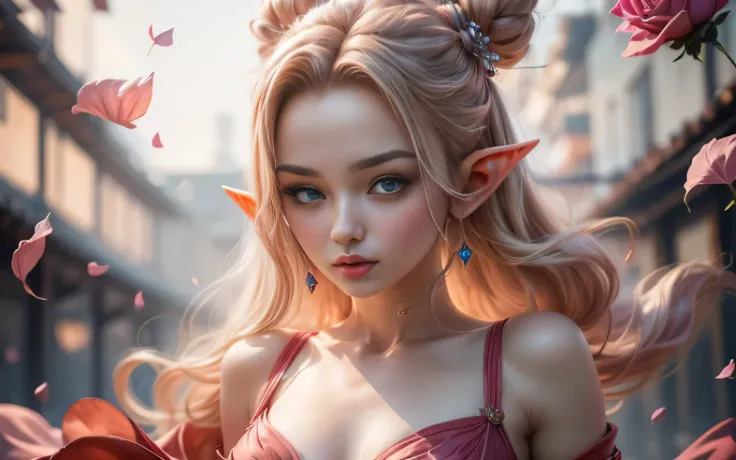 there is a full size figure of a beautiful blond elf girl dancing in the middle of  red rose garden surrounded with  rose petals...