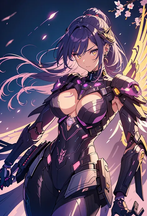 The most beautiful and sexy cyberpunk girl, purple hair, yellow eyes, dark skin, wearing highly detailed futuristic battle armor, futuristic mechanical angel wings, glowing neon halo, tons of tattoos and piercings, cherry blossoms blowing in the wind, high...