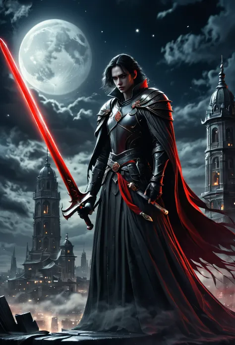 (masterpiece, best quality:1.2), High-rise buildings，Death on the Roof，Cloak，Holding a red long sword，moonlight，heavily clouded， Dark fantasy illustration style , dark arts, High contrast, Dark Shadows, atmospheric perspective, Melancholic colors, Thin Fil...