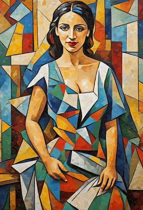 pop music、a beatiful and happy women、Picasso-style abstract painting、Scrape Art、cubism、Irregular mosaic art, Antique clothing, Ultrarealismo, 8K, fullbody image,