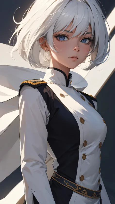 extremely detailed CG unity 8k wallpaper), (masterpiece), (best quality), (ultra-detailed), (best illustration), (best shadow), (absurdres) ,(detailed eyes), 2b, 1girl, japanese hairstyle , white hair, solo, Intimidating women, admiral uniform, night, hero...