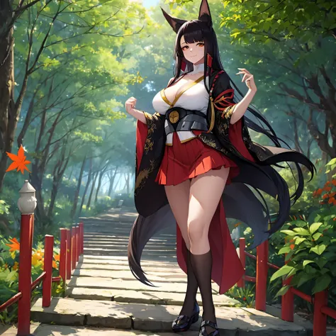 a woman wearing a red kimono with black details of flowers, short skirt, long black stockings, black womens shoes, long black hair, kitsune ears, big breasts, orange eyes, walking on a walk in a Japanese garden, with trees with orange leaves, overlooking a...