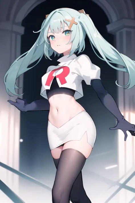 faruzandef, blush, short hair,twin ponytails, team rocket,team rocket uniform,white skirt,red letter R,crop top,black thigh-highs,black elbow gloves