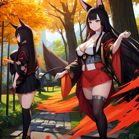 a woman wearing a red kimono with black details of flowers, short skirt, long black stockings, black womens shoes, long black hair, kitsune ears, big breasts, orange eyes, walking on a walk in a Japanese garden, with trees with orange leaves, overlooking a...