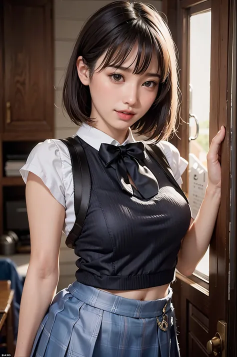 There is a woman standing by the door wearing a skirt., Realistic young gravure idol, Wear a cute top, sakimichan hdri, a Surreal , Cute school girl, Surreal , Shot with a Canon 5D MK4, Young Sensual Gravure Idol, Young and cute gravure idol, Acquiring Jap...