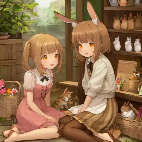 Tabby cat and brown lop-eared rabbit living happily together while selling sundries 