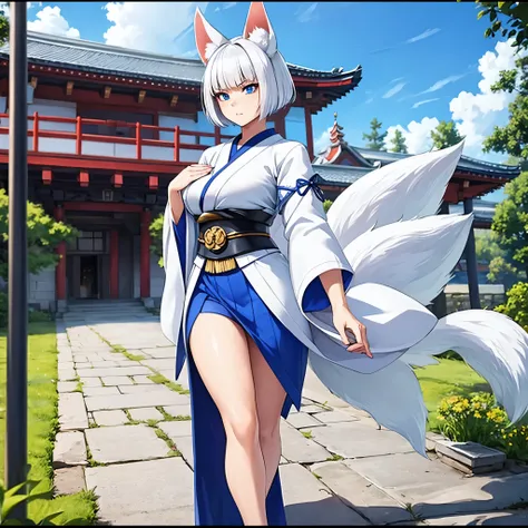 a woman wearing a white kimono with blue details, a short blue skirt, exposed thigh, short white hair, blue eyes, kitsune ears, ...