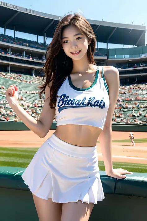 cheerleader ,health beauty, a handsome face, beautiful body, long legs, white skin,fine portrayal, Ultimate Details, baseball stadium, short skirt, tank top, Dance, Smile