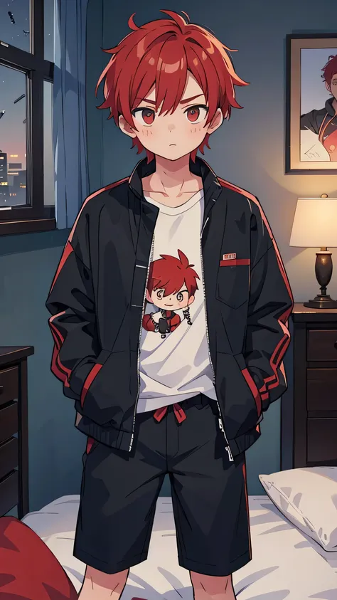 1 male, red haired , wearing a black jacket , night time , in bed room , hands in pocket