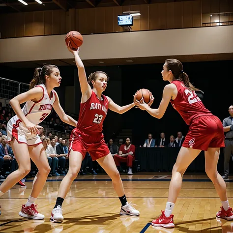 Cat in a basketball suit playing basketball with a cat in a strawberry suit and a cat in an apple suit