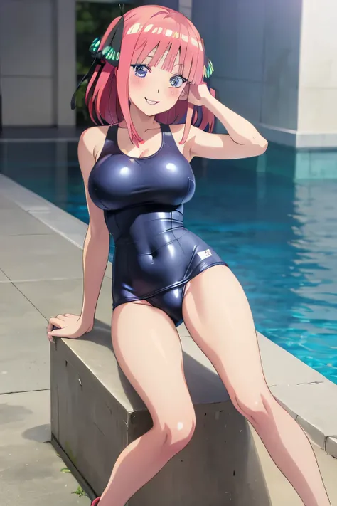 best quality, ultra-detailed masterpiece, anime art style, cute characters, nino nakano, one-piece swimsuit, large breasts, blush, smile