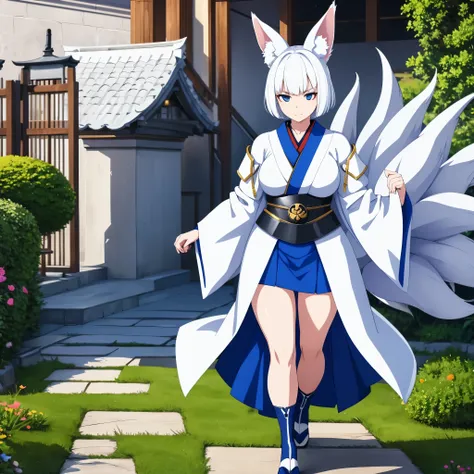 a woman wearing a white kimono with blue details, a short blue skirt, exposed thigh, short white hair, blue eyes, kitsune ears, ...